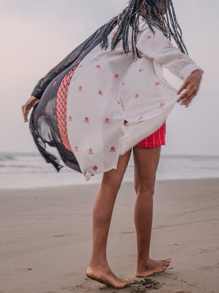 Aastey Jamdani Shirt Dress Black White - Cotton Women Cotton Dress in Black White color