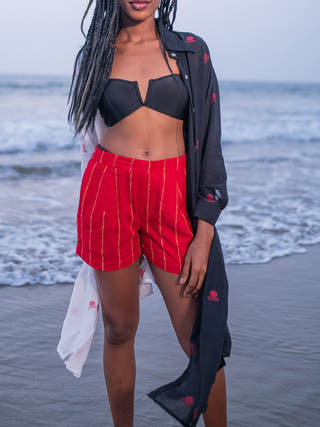 Aastey Jamdani Shirt Dress Black White - Cotton Women Cotton Dress in Black White color