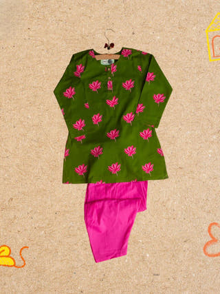 Lotus Bloom Green Ethnic Wear Girls