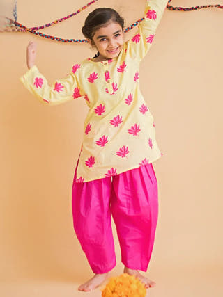Lotus Bloom Yellow Girls Ethnic Wear