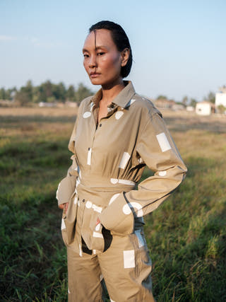 Khaki Triangle Printed Nara Front Knot Shirt