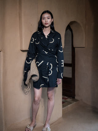 Black Line Printed Seattle Wrap Shirt Dress