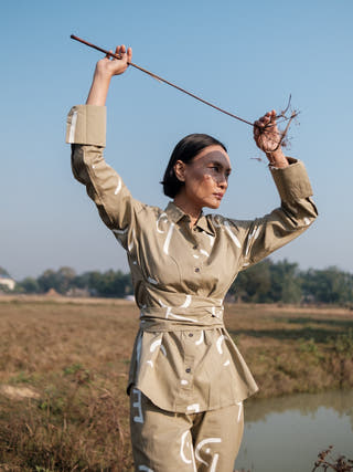 Khaki Line Printed Nara Front Knot Shirt