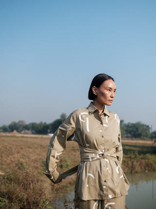 Khaki Line Printed Nara Front Knot Shirt