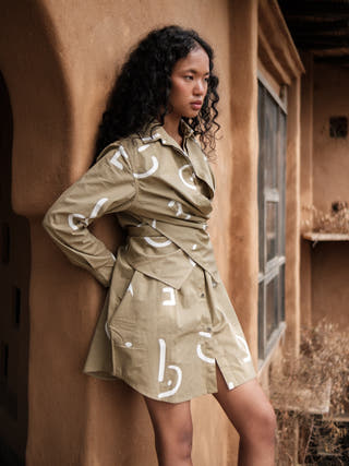 Khaki Line Printed Seattle Wrap Shirt Dress