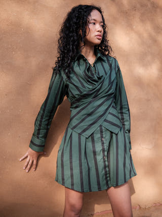 Deep Green Stripes Seattle Wrap Shirt Dress