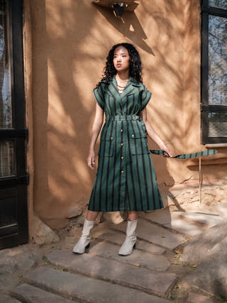 Deep Green Stripes Harajuku Trench