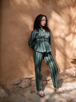 Deep Green Stripes Nara Front Knot Shirt