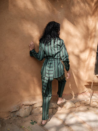 Deep Green Stripes Nara Front Knot Shirt