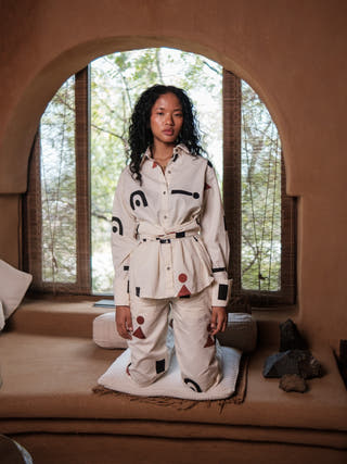 Ecru Triangle Printed Nara Front Knot Shirt