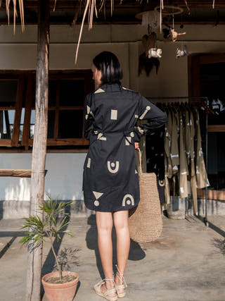 Black Triangle Printed Seattle Wrap Shirt Dress