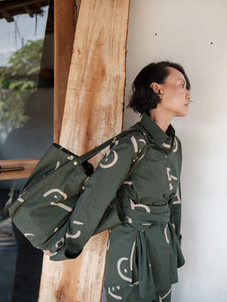 Deep Green Line Printed Nara Front Knot Shirt