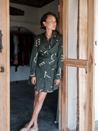Deep Green Line Printed Seattle Wrap Shirt Dress