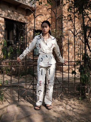 Ecru Line Printed Nara Front Knot Shirt