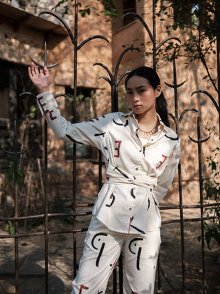 Ecru Line Printed Nara Front Knot Shirt