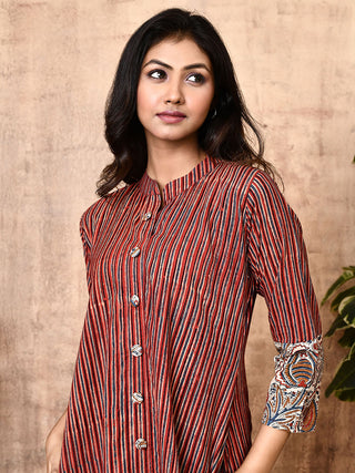 Miraya Red Block Printed Cotton Long Shirt Dress Expressions By UV