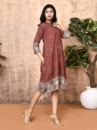 Miraya Red Block Printed Cotton Long Shirt Dress Expressions By UV