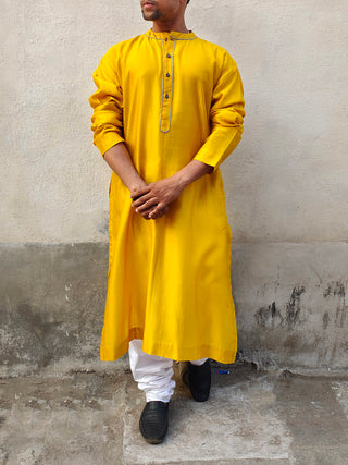 Cot-Silk Mustard Yellow Kurta Bihart