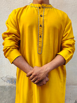 Cot-Silk Mustard Yellow Kurta Bihart