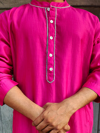 Cot-Silk Pink Embroidered Kurta Bihart