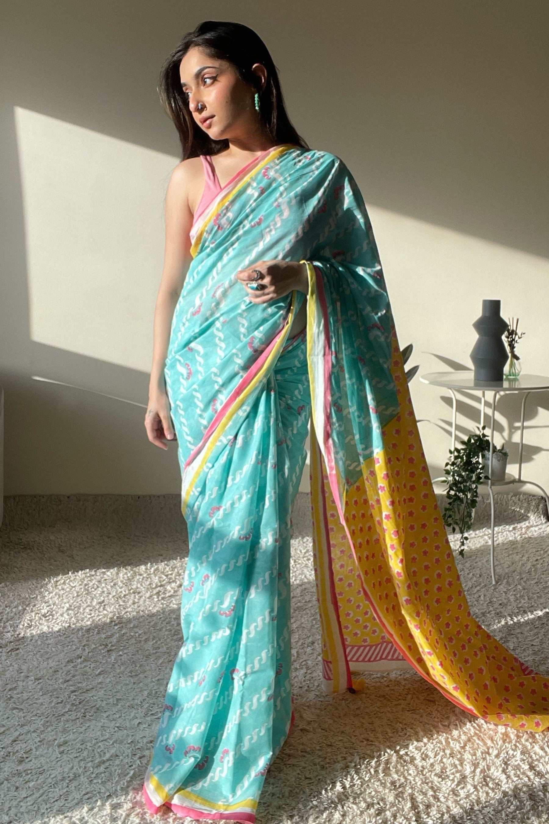 Gulaab Vel Mul Cotton Saree Blue