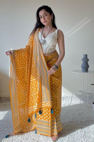 Kala Mul Cotton Saree Mustard Mogasu