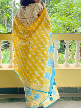 Quadro Mul Cotton Saree Blue Yellow Mogasu