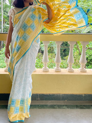 Quadro Mul Cotton Saree Blue Yellow Mogasu