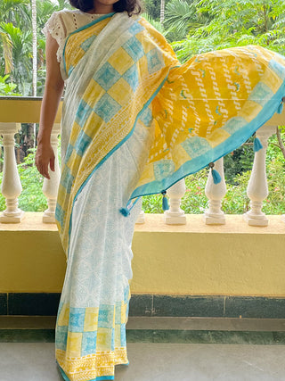 Quadro Mul Cotton Saree Blue Yellow Mogasu