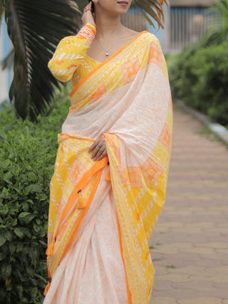 Quadro Mul Cotton Saree Orange Yellow Mogasu