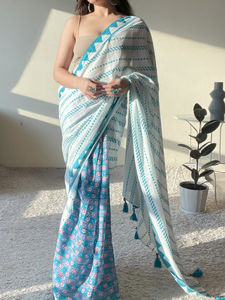 Rosa Mul Cotton Saree Blue Mogasu