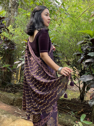 Hand Block Printed Noa - Mul Cotton Saree | Brown
