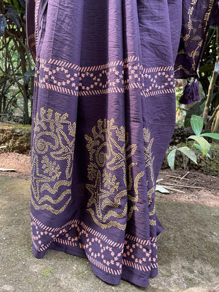 Hand Block Printed Noa - Mul Cotton Saree | Brown