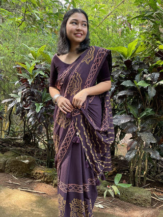 Hand Block Printed Noa - Mul Cotton Saree | Brown