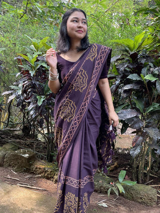 Hand Block Printed Noa - Mul Cotton Saree | Brown