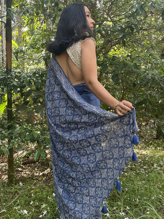 Hand Block Printed Starry Surf - Mul Cotton Saree | Blue