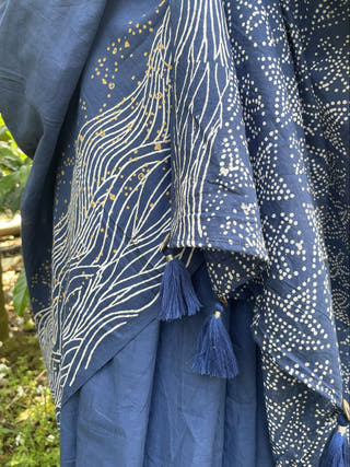 Hand Block Printed Starry Surf - Mul Cotton Saree | Blue