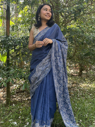 Hand Block Printed Starry Surf - Mul Cotton Saree | Blue