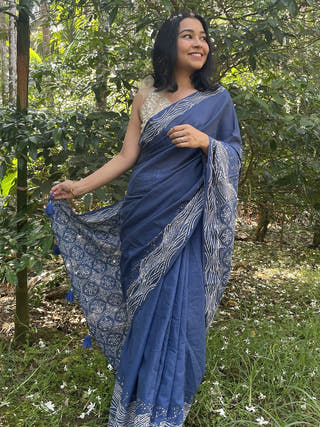 Hand Block Printed Starry Surf - Mul Cotton Saree | Blue