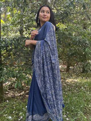 Hand Block Printed Starry Surf - Mul Cotton Saree | Blue