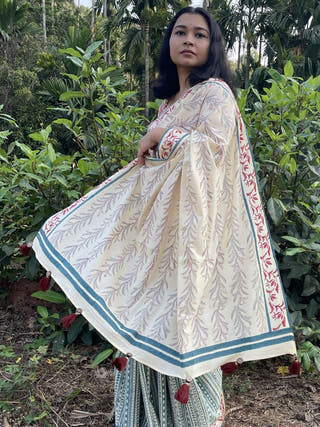 Hand Block Printed Aakur - Mul Cotton Saree | Cream