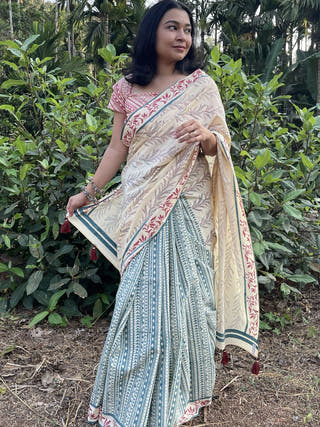 Hand Block Printed Aakur - Mul Cotton Saree | Cream