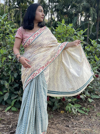 Hand Block Printed Aakur - Mul Cotton Saree | Cream