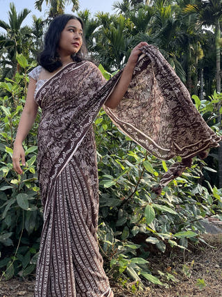 Hand Block Printed Almi - Mul Cotton Saree | Brown