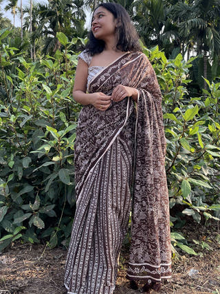 Hand Block Printed Almi - Mul Cotton Saree | Brown