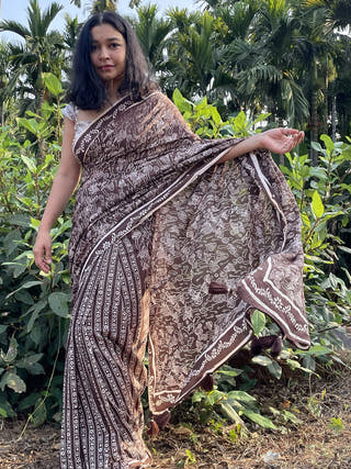 Hand Block Printed Almi - Mul Cotton Saree | Brown