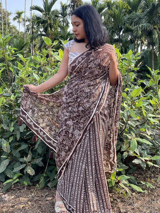 Hand Block Printed Almi - Mul Cotton Saree | Brown