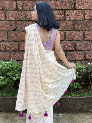 Hand Block Printed Bakuli - Mul Cotton Saree | Cream