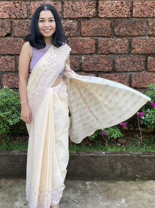 Hand Block Printed Bakuli - Mul Cotton Saree | Cream