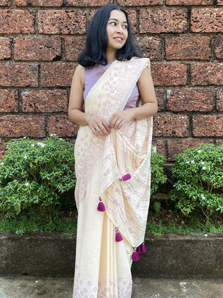 Hand Block Printed Bakuli - Mul Cotton Saree | Cream